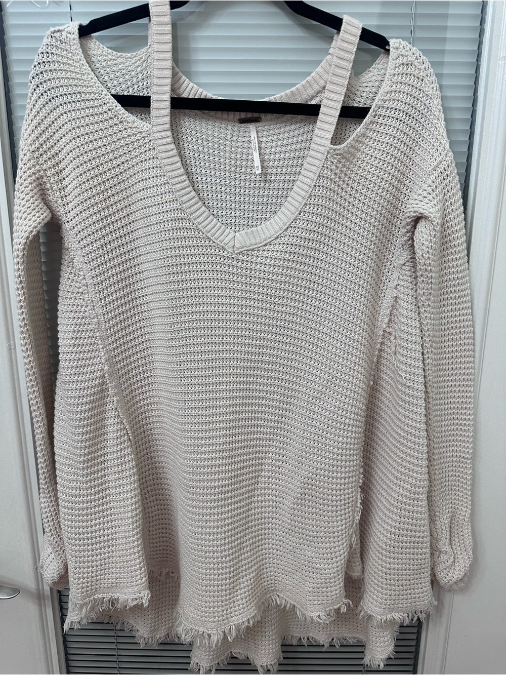 Free People Beige Open-Knit V-Neck Cold-Shoulder Sweater